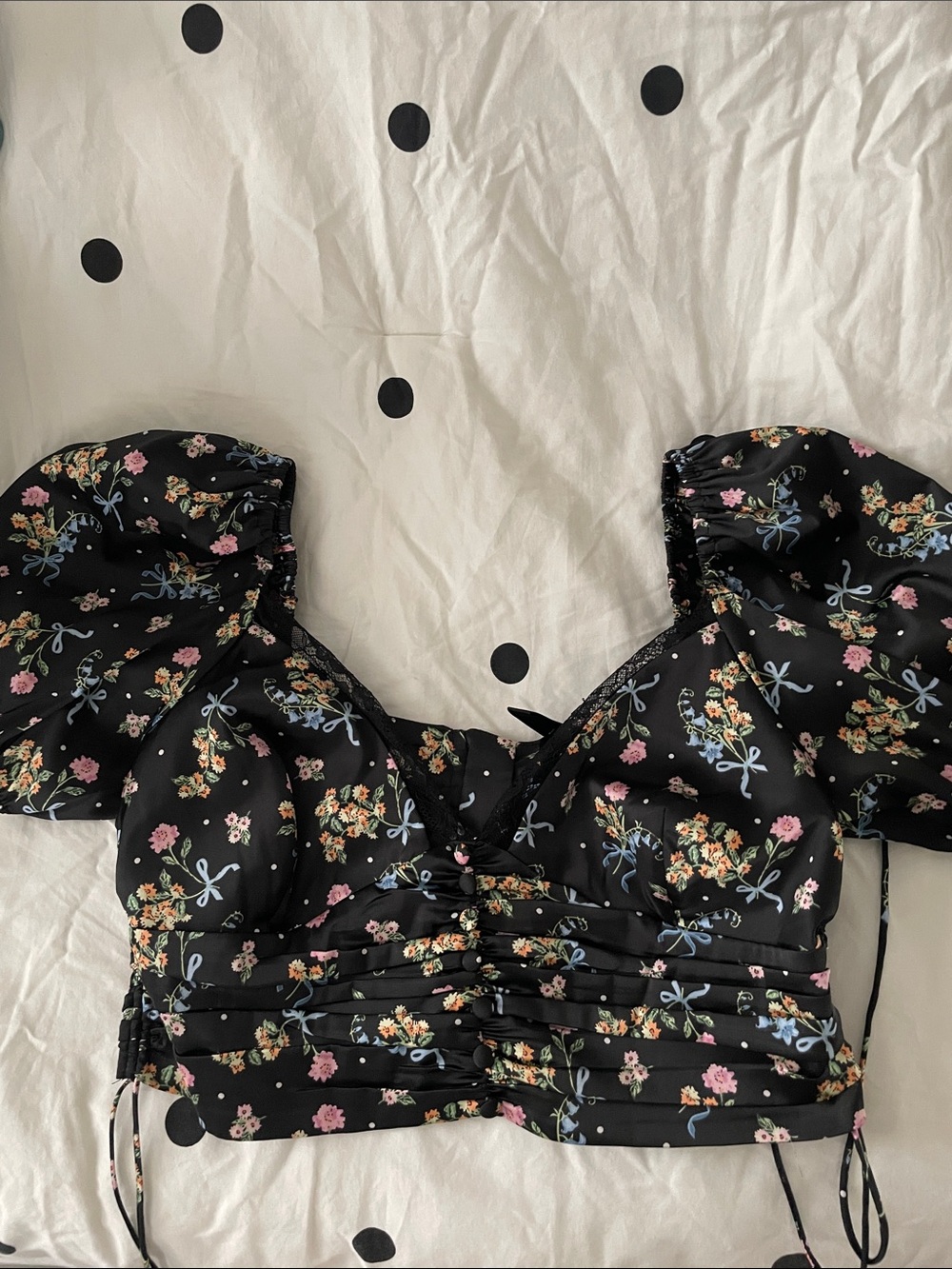 For Love & Lemons Black Floral Puff-Sleeve Crop Top Excellent Condition Large